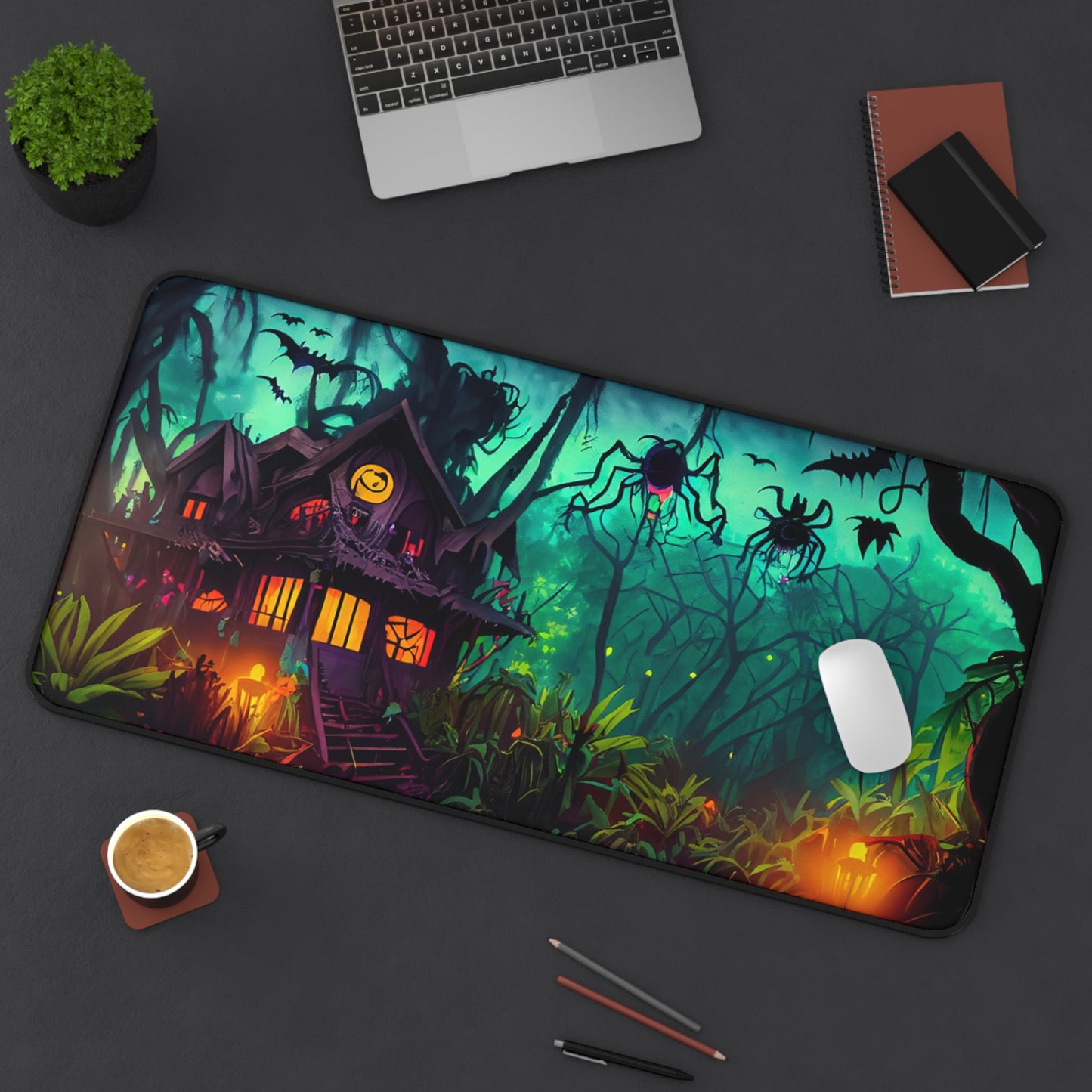 Retro Halloween Desk Mat Haunted House Office Desk Accessory Whimsigoth Mouse Pad Spooky Bats Desk Pad XL Creepy Spiders Gaming Mousepad