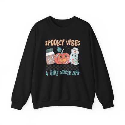 Spooky Vibes And That Nurse Life Halloween Sweatshirt Funny Retro Halloween Sweater Cute Spooky Vibes Crewneck Nurse Nursing Assistant Gift