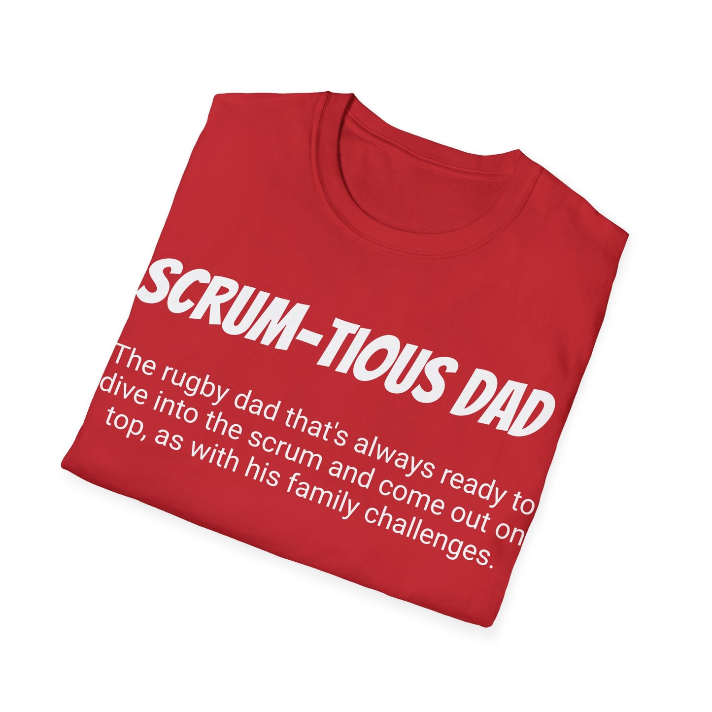 Funny Rugby Dad's Mens Softstyle T-shirt, "Scrum-tious Dad", Father's Day Gift, Humorous Unique Novelty Apparel Tee Present