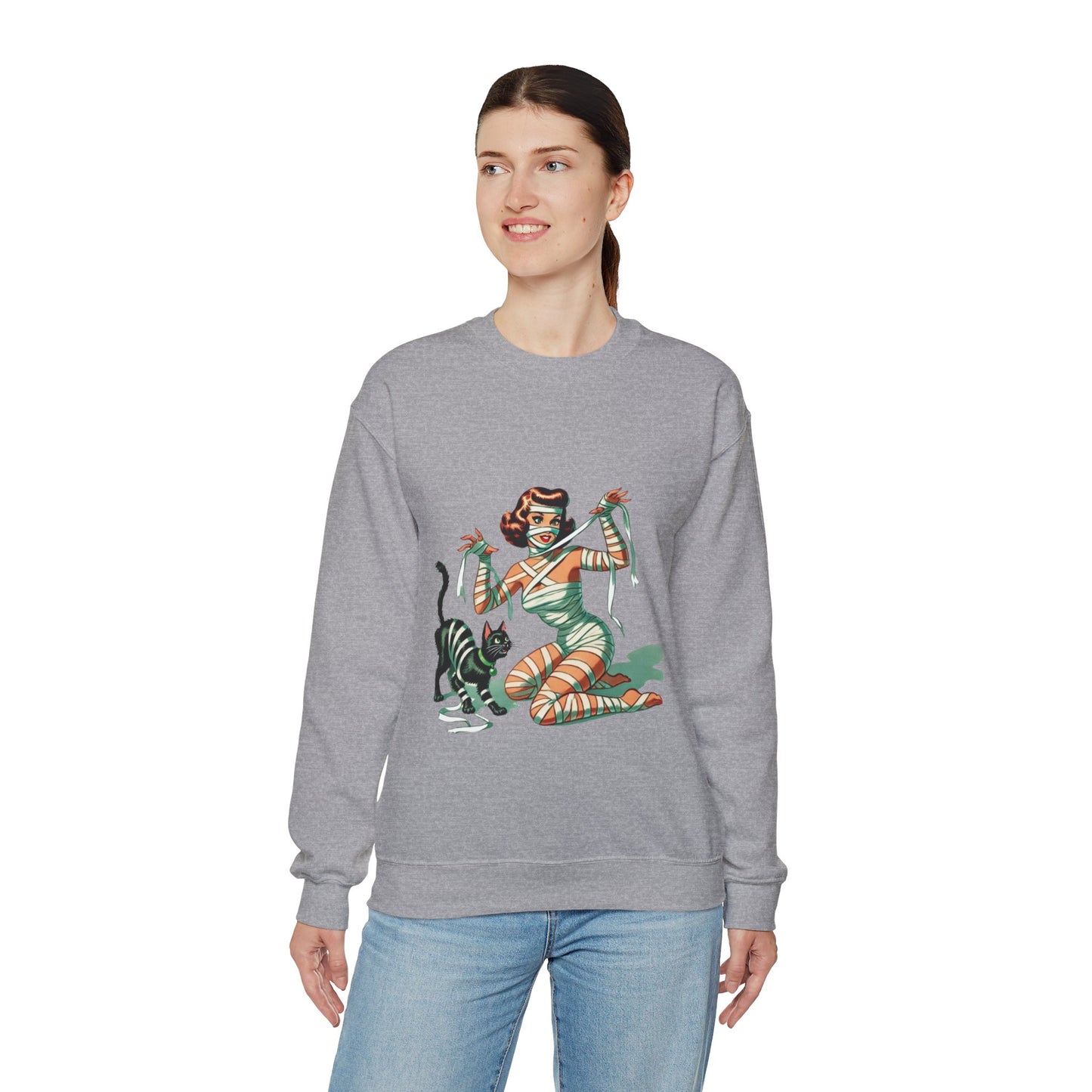 Mummy Pin-Up Girl Sweatshirt Halloween Cat Girl Sweater Retro Pin Up Girl Mummy Pullover Vintage Creepy Cat Pinup Girl Sweater Womans Gift