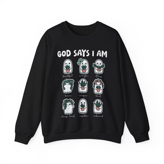 God Says I am Sweatshirt Plant Lover Ghost Sweater Cute Ghost Gardener Halloween Sweatshirt Spooky Season Sweater Fall Jesus Christian Gift