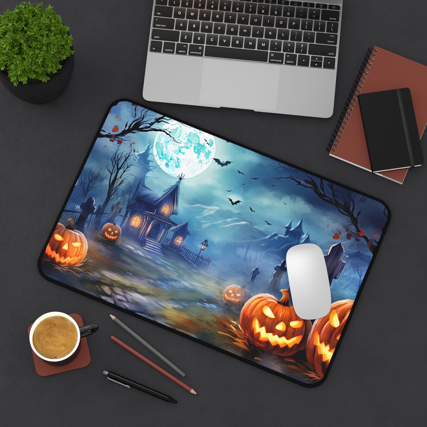 Halloween Desk Mat Haunted Graveyard Office Desk Accessories Creepy Pumpkins Large Mouse Pad Airey Full Moon Desk Pad Spooky Gaming Mousepad