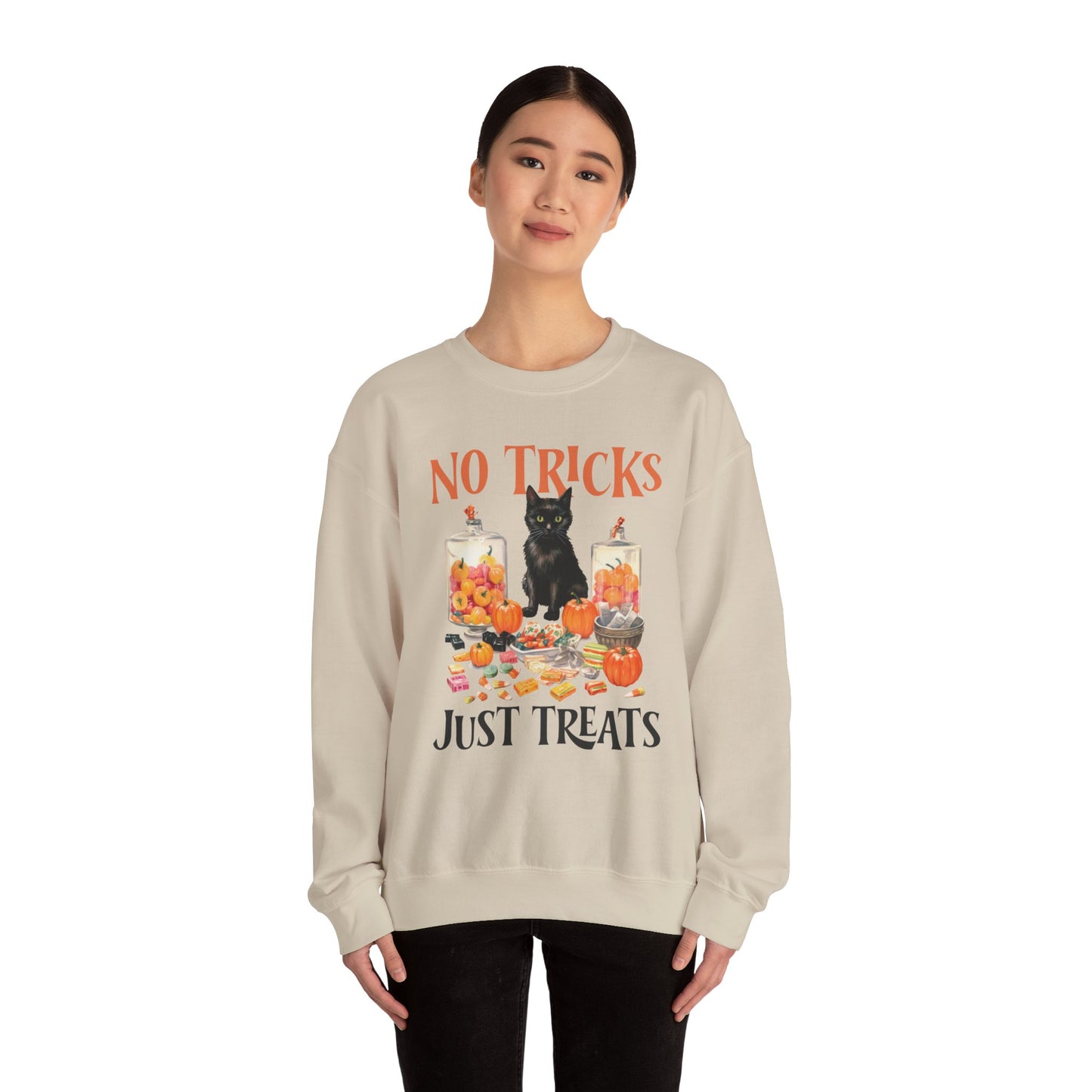 No Tricks Just Treats Sweatshirt Vintage 1950s Halloween Sweater Halloween Party Sweatshirt Retro Halloween Fall Sweater Funny Cat Lover