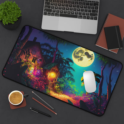 Retro Halloween Desk Mat Haunted House Office Desk Accessory Whimsigoth Large Mouse Pad Full Moon Desk Pad XL Tropical Neon Gaming Mousepad