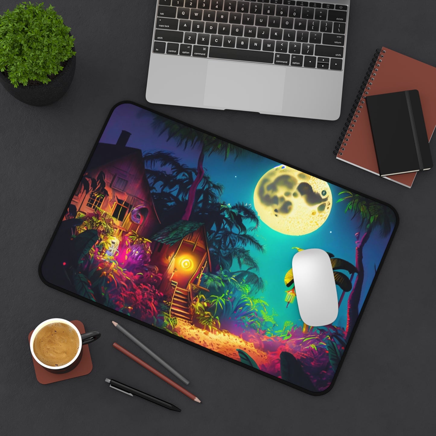 Retro Halloween Desk Mat Haunted House Office Desk Accessory Whimsigoth Large Mouse Pad Full Moon Desk Pad XL Tropical Neon Gaming Mousepad