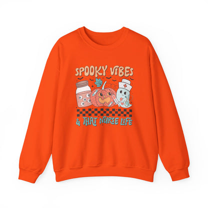 Spooky Vibes And That Nurse Life Halloween Sweatshirt Funny Retro Halloween Sweater Cute Spooky Vibes Crewneck Nurse Nursing Assistant Gift