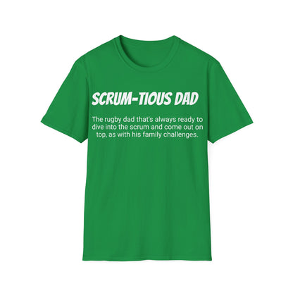 Funny Rugby Dad's Mens Softstyle T-shirt, "Scrum-tious Dad", Father's Day Gift, Humorous Unique Novelty Apparel Tee Present