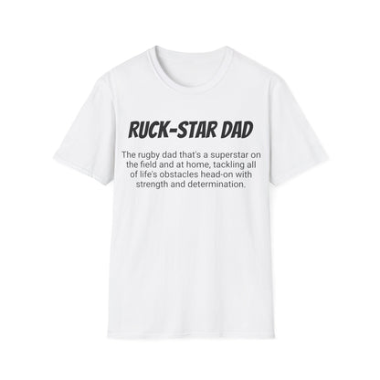 Funny Rugby Dad's Mens Softstyle T-shirt, "Ruck-star Dad", Father's Day Gift, Humorous Unique Novelty Apparel Tee Present