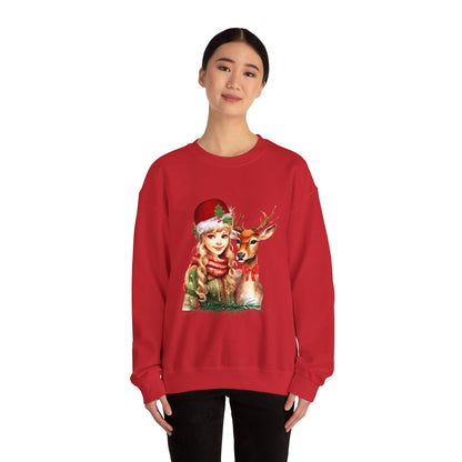 Vintage Reindeer Christmas Sweatshirt Retro Christmas Sweater Vintage Graphic Tee Vintage 1950s Girl and Reindeer Sweater Rudolph Crewneck