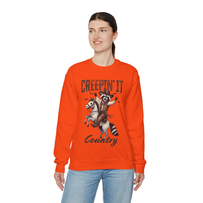 Raccoon Cowboy Halloween Creepin' It Country Funny Meme Sweatshirt Rodeo Raccoon Cowboy Pullover Sweater Western Rodeo Halloween Spooky Gift