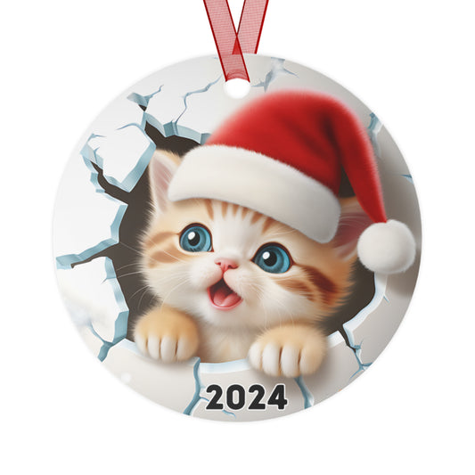 3D Breakthrough Cute Kitten Ornament 2024 Christmas Decoration Round Metal Holiday 2024 Gift Idea Christmas Exchange Gift White Elephant