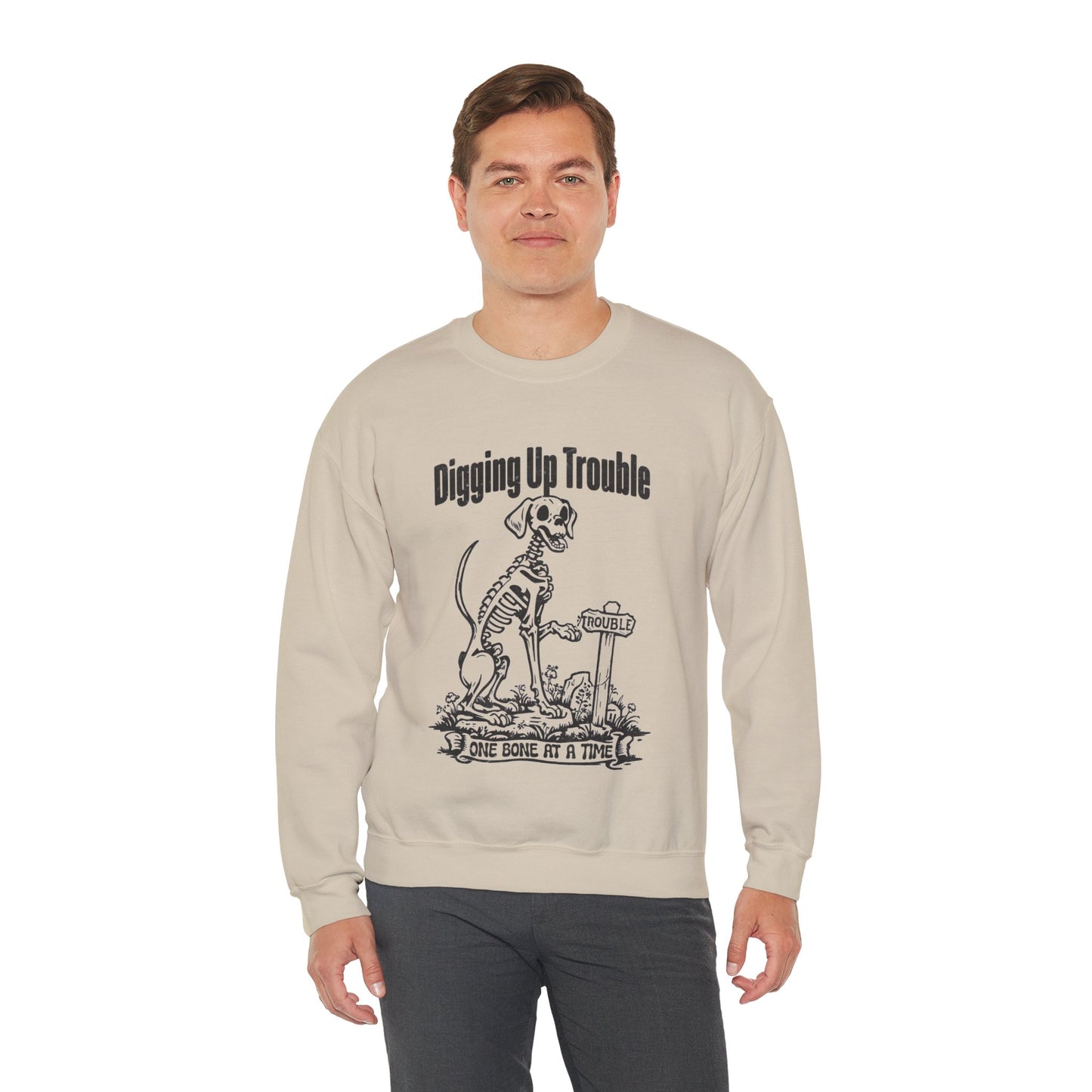 Digging up Trouble Halloween Sweatshirt Skeleton Dog Halloween Sweater Retro Funny Dog Halloween Pullover Sweater Dog Lover Gift Dog Owner