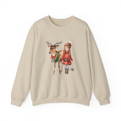 Vintage Reindeer Christmas Sweatshirt 50s Vintage Graphic Tee Vintage Retro Christmas Sweater 1950s Girl and Reindeer Sweat Rudolph Crewneck