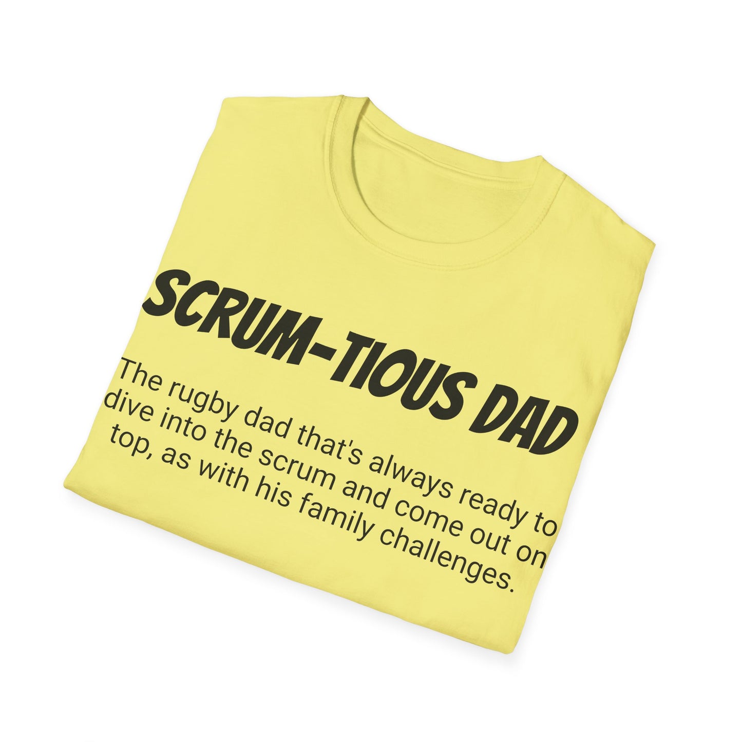 Funny Rugby Dad's Mens Softstyle T-shirt, "Scrum-tious Dad", Father's Day Gift, Humorous Unique Novelty Apparel Tee Present