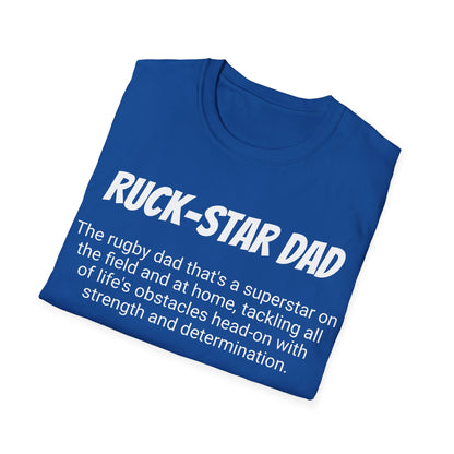 Funny Rugby Dad's Mens Softstyle T-shirt, "Ruck-star Dad", Father's Day Gift, Humorous Unique Novelty Apparel Tee Present