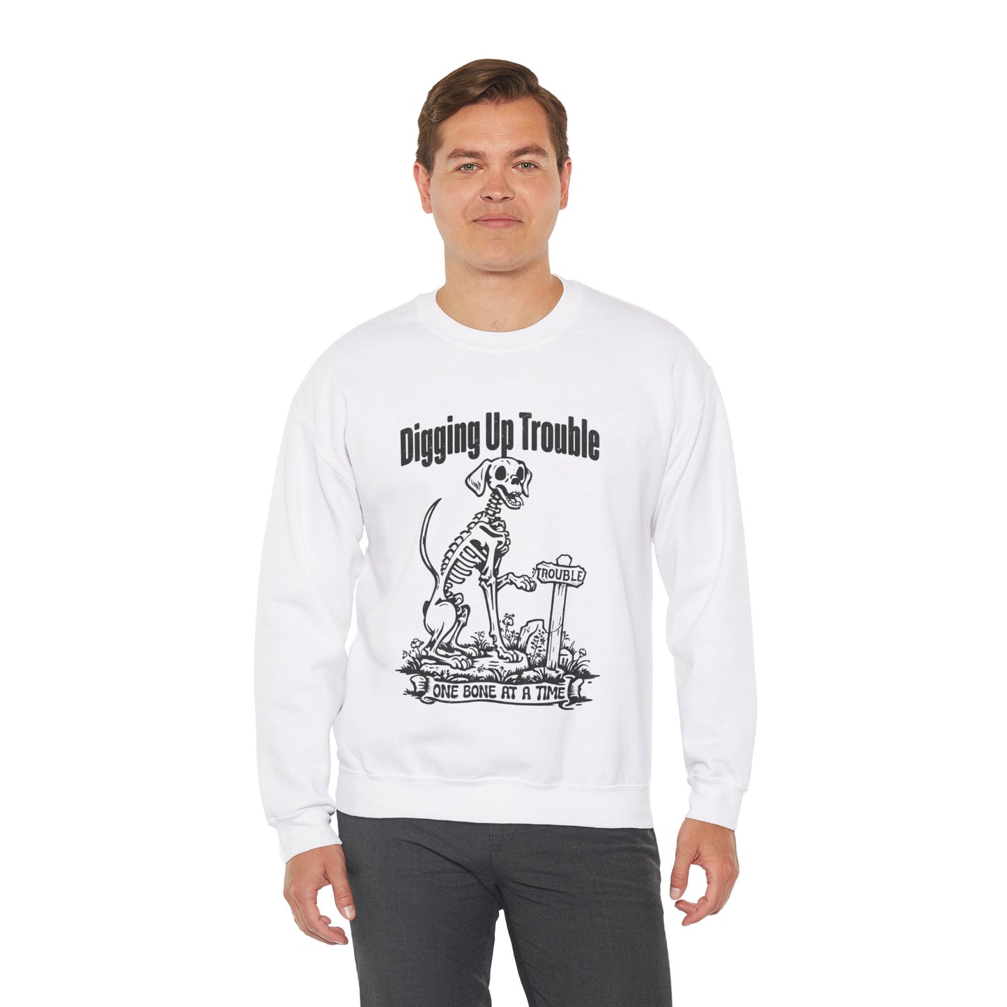 Digging up Trouble Halloween Sweatshirt Skeleton Dog Halloween Sweater Retro Funny Dog Halloween Pullover Sweater Dog Lover Gift Dog Owner