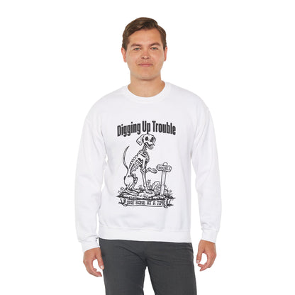 Digging up Trouble Halloween Sweatshirt Skeleton Dog Halloween Sweater Retro Funny Dog Halloween Pullover Sweater Dog Lover Gift Dog Owner