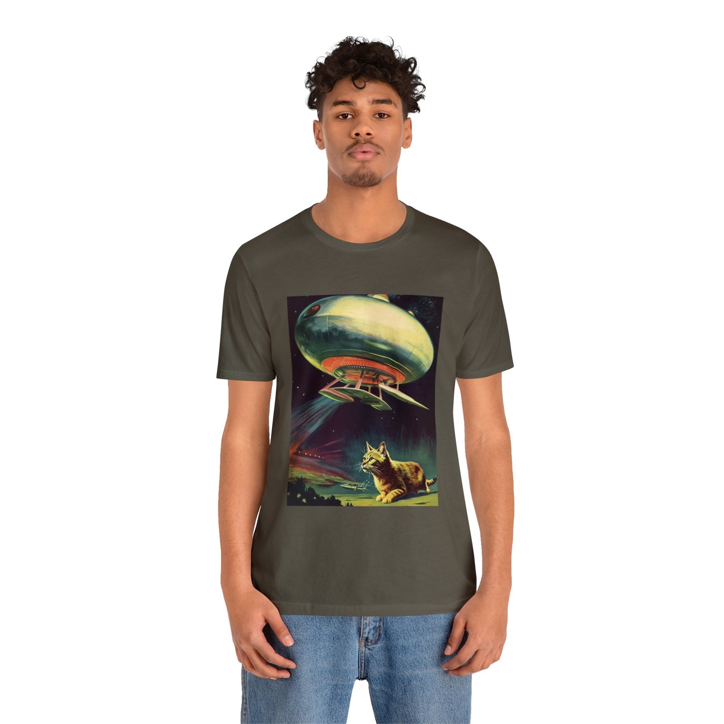 Funny Spaceship Cat UFO Shirts Unique Flying Saucer Weird Cool Gift Retro Vintage Graphic UAP tshirt Galaxy Cat Unisex T-Shirt Cat Lover Tee