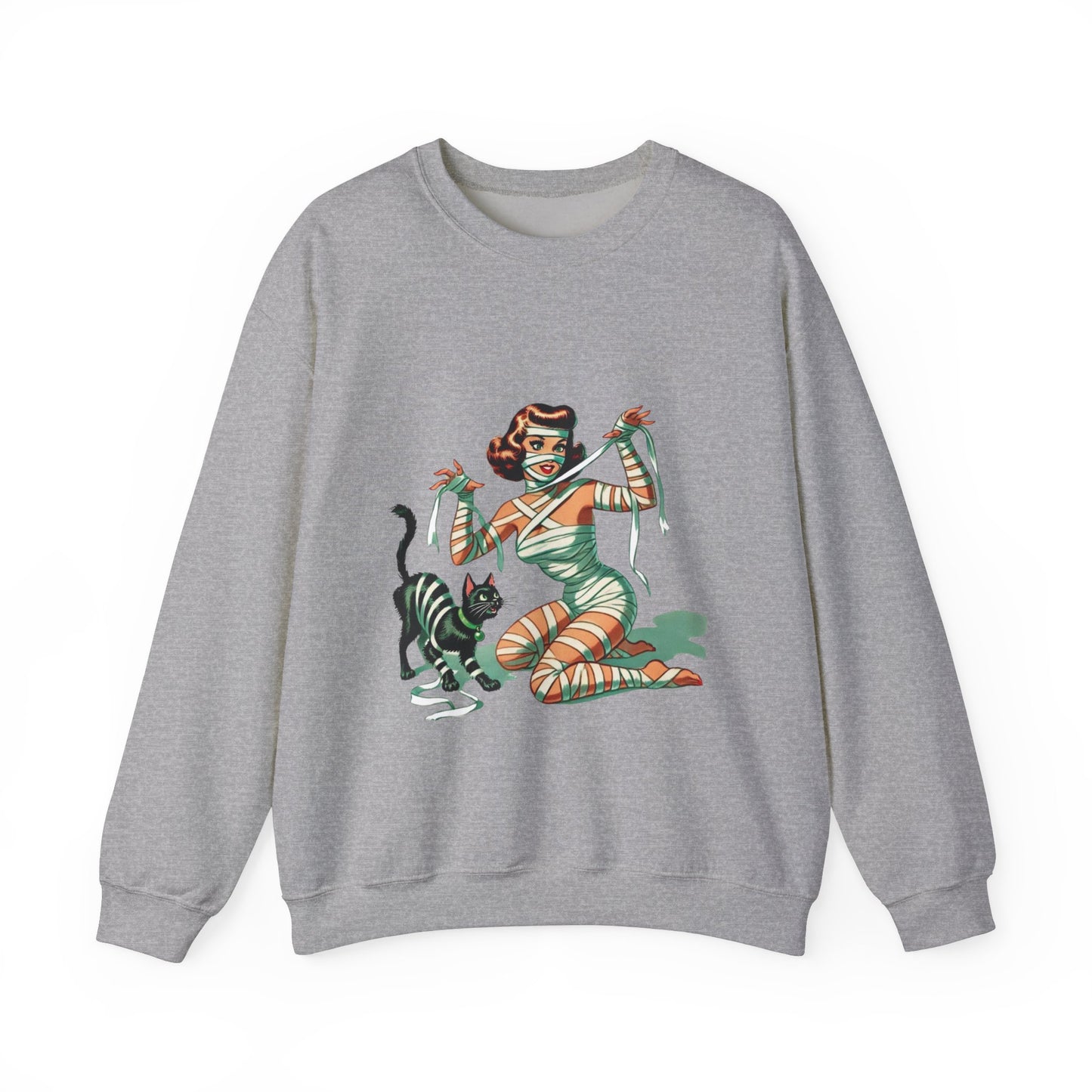 Mummy Pin-Up Girl Sweatshirt Halloween Cat Girl Sweater Retro Pin Up Girl Mummy Pullover Vintage Creepy Cat Pinup Girl Sweater Womans Gift