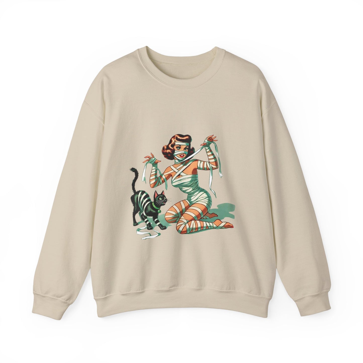 Mummy Pin-Up Girl Sweatshirt Halloween Cat Girl Sweater Retro Pin Up Girl Mummy Pullover Vintage Creepy Cat Pinup Girl Sweater Womans Gift