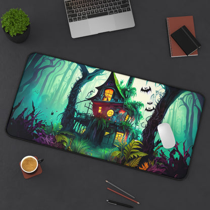 Retro Halloween Desk Mat Haunted House Office Desk Accessory Whimsigoth Large Mouse Pad Spooky Bats Desk Pad XL Neon Forest Gaming Mousepad