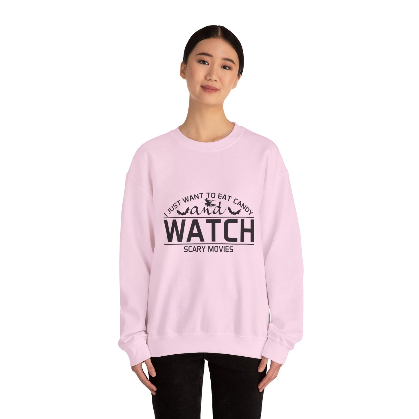 I Just Want To Eat Candy And Watch Scary Movies Sweatshirt Horror Movie Sweater Funny Halloween Apparel Halloween Party Costume Fall Season