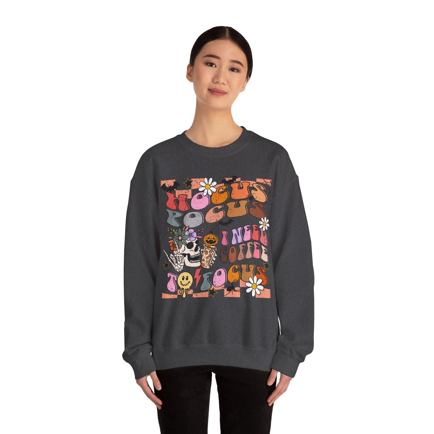 Hocus Pocus Need Coffee to Focus Sweatshirt Halloween Psychedelic Sweat Fall Spooky Vibes Crewneck Trippy Retro Halloween Coffee Lover Gift