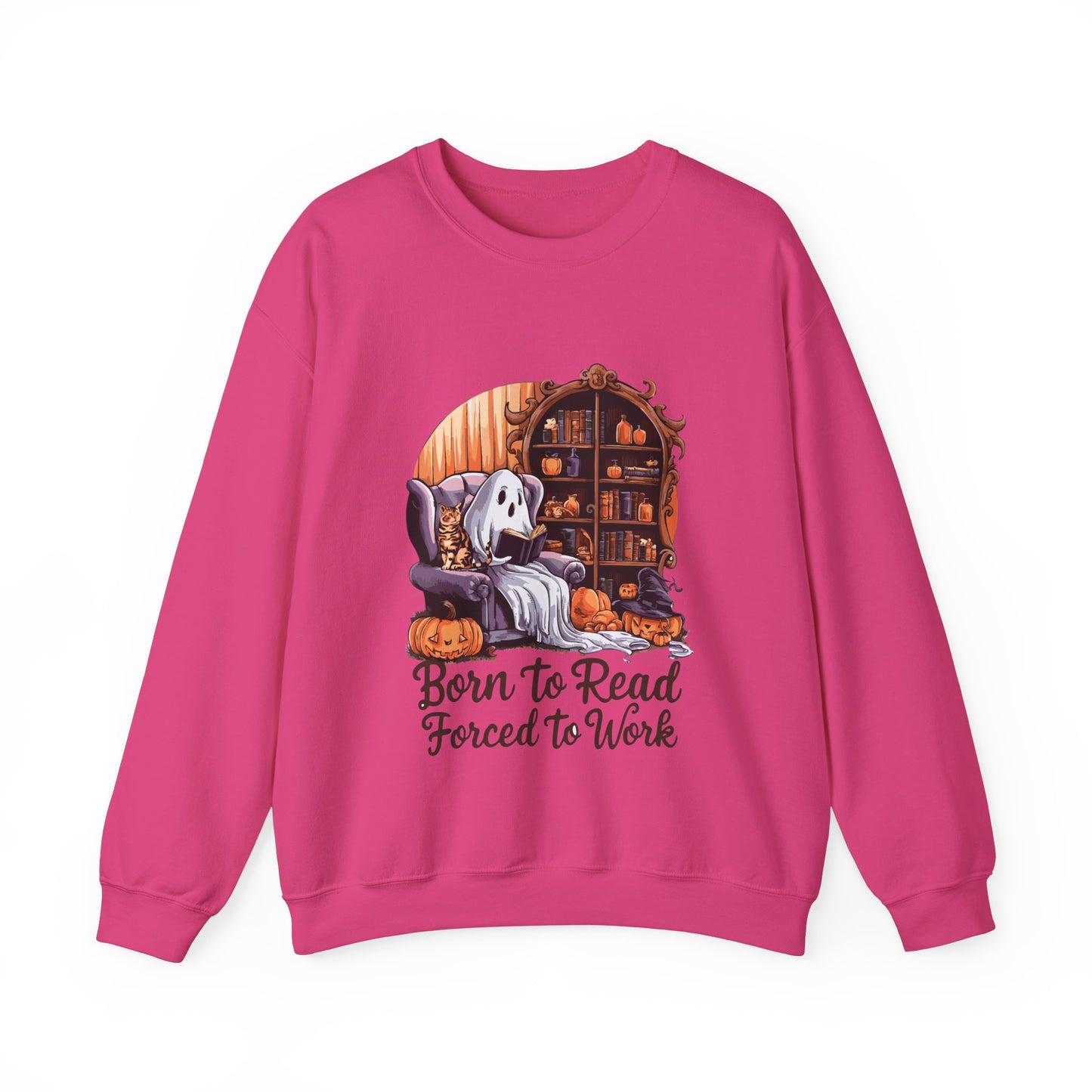 Born To Read Forced To Work Sweatshirt Funny Halloween Ghost Reading Book Sweater Book Addict Gift Book Lover Pullover Sweater Librarian Gift 2