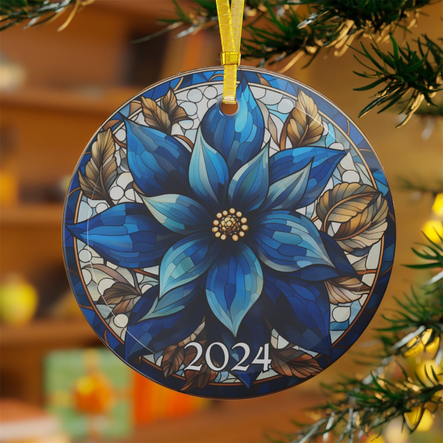 Christmas 2024 Glass Ornament Blue Flower Christmas Decoration Gift Idea Heirloom Keepsake Gift Exchange Faux Stained Glass Xmas Tree Decor