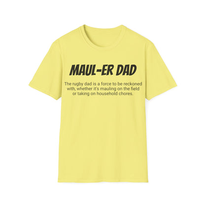 Funny Rugby Dad's Mens Softstyle T-shirt, "Maul-er Dad", Father's Day Gift, Humorous Unique Novelty Apparel Tee Present