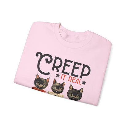 Creep It Real Sweatshirt Vintage 1950s Halloween Sweater Retro Halloween Sweatshirt Funny Black Cats Halloween Apparel Fall Season Cat Lover