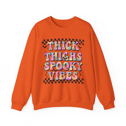 Thick Thighs And Spooky Vibes Sweatshirt Retro Halloween Sweater Groovy Halloween Party Outfit Spooky Season Funny Halloween Apparel Fall