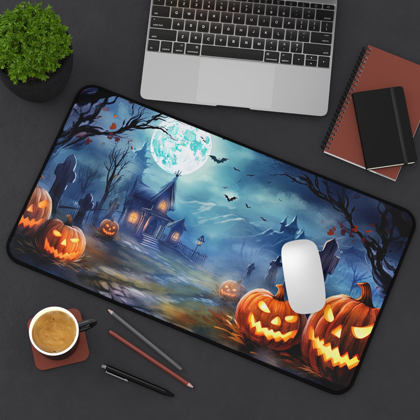 Halloween Desk Mat Haunted Graveyard Office Desk Accessories Creepy Pumpkins Large Mouse Pad Airey Full Moon Desk Pad Spooky Gaming Mousepad