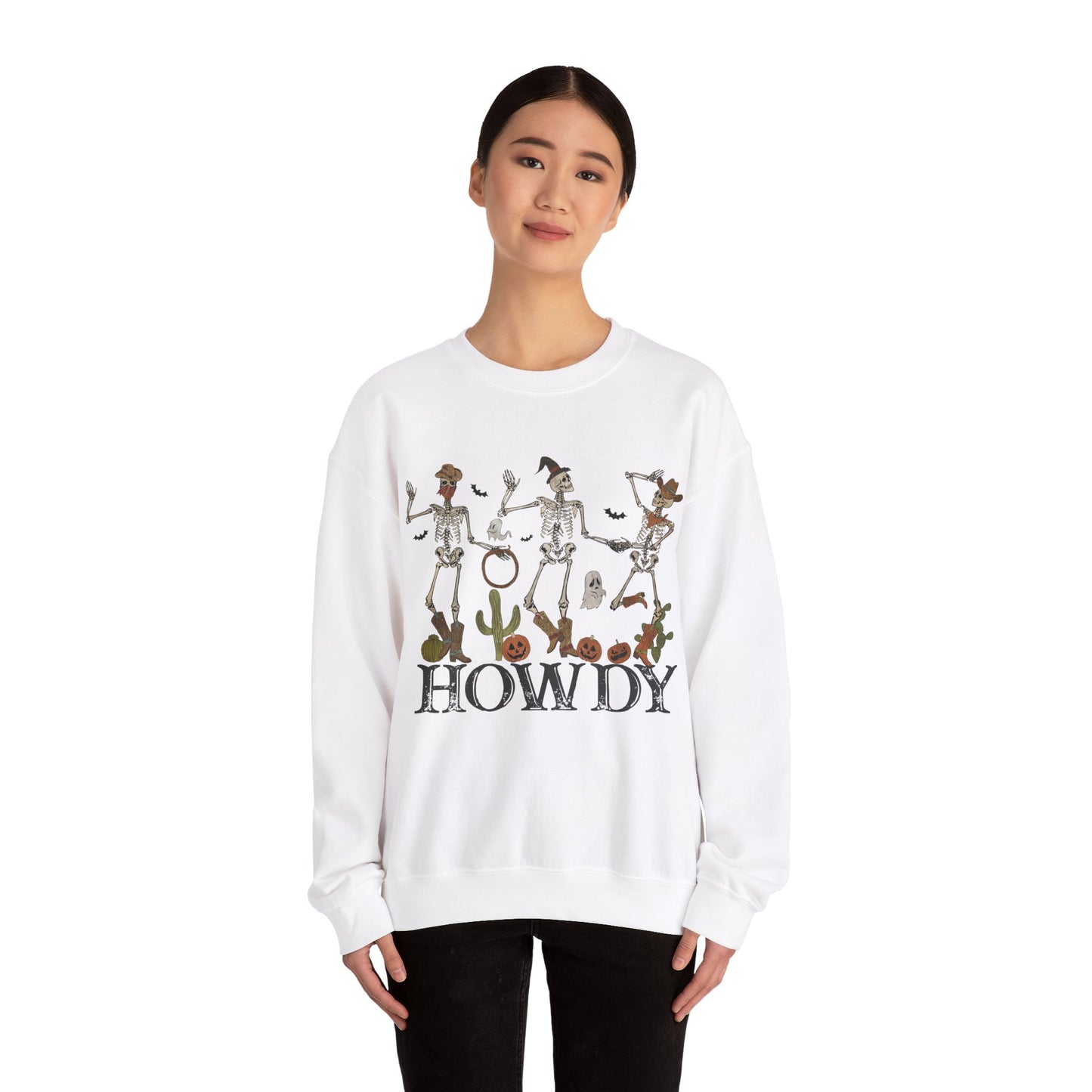 Howdy Cowboy Skeleton Sweatshirt Funny Halloween Sweater Retro Halloween Sweatshirt Western Halloween Party Outfit Rodeo Dancing Skeleton