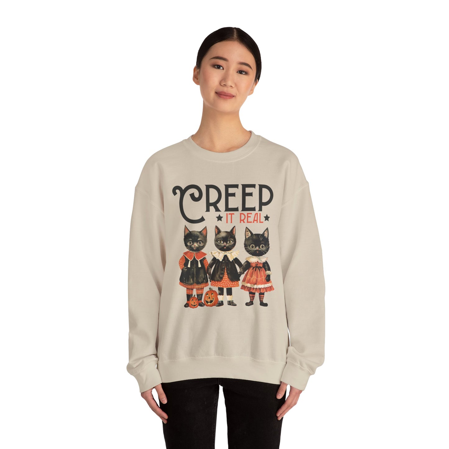 Creep It Real Sweatshirt Vintage 1950s Halloween Sweater Retro Halloween Sweatshirt Funny Black Cats Halloween Apparel Fall Season Cat Lover