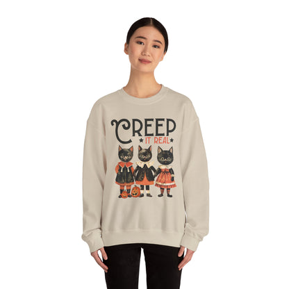 Creep It Real Sweatshirt Vintage 1950s Halloween Sweater Retro Halloween Sweatshirt Funny Black Cats Halloween Apparel Fall Season Cat Lover