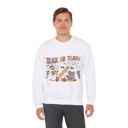 Trick or Teach Sweatshirt Halloween Teacher Sweater Retro Groovy Ghosts Teacher Pullover Sweater Bookish Ghosts Halloween Gift Ghost Teacher