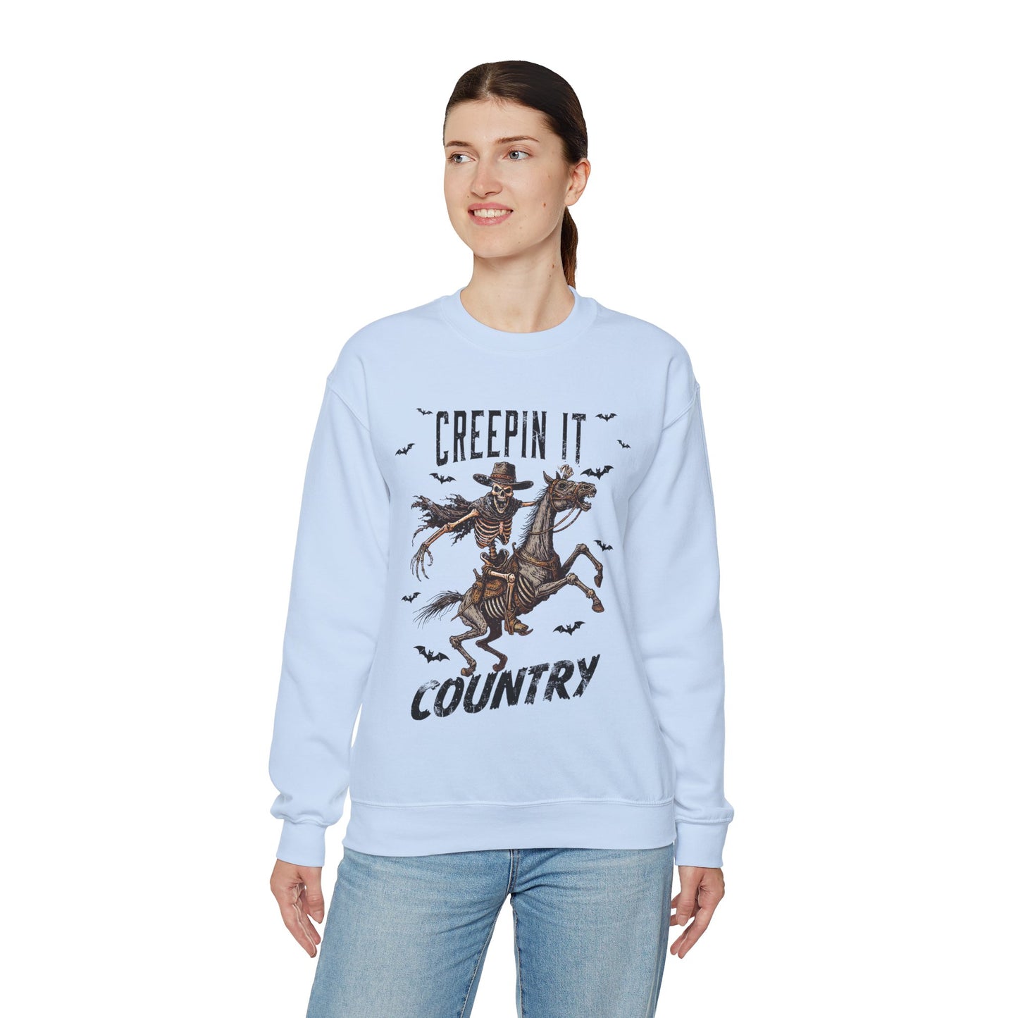 Creepin It Country Sweatshirt Western Rodeo Skeleton Halloween Sweater Spooky Costume Pullover Sweater Western Halloween Spooky Season Gift2