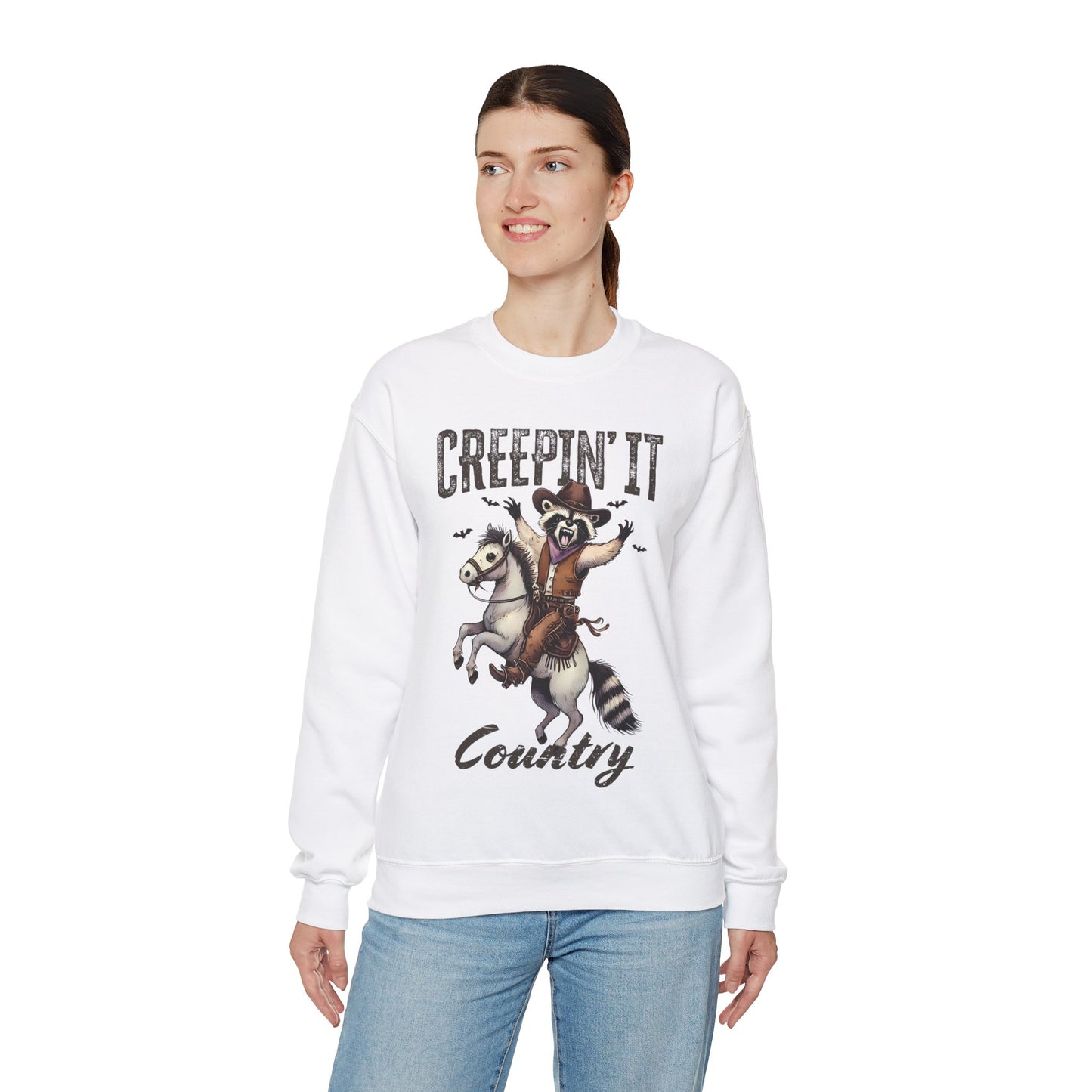 Raccoon Cowboy Halloween Creepin' It Country Funny Meme Sweatshirt Rodeo Raccoon Cowboy Pullover Sweater Western Rodeo Halloween Spooky Gift