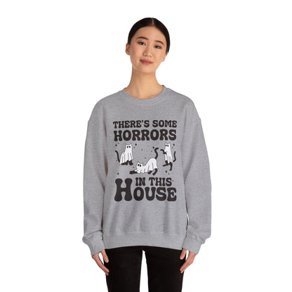 There's Some Horrors In This House Sweatshirt Funny Halloween Sweater Ghost Cat Sweater Retro Halloween Sweater Spooky Season Cat Lover Gift