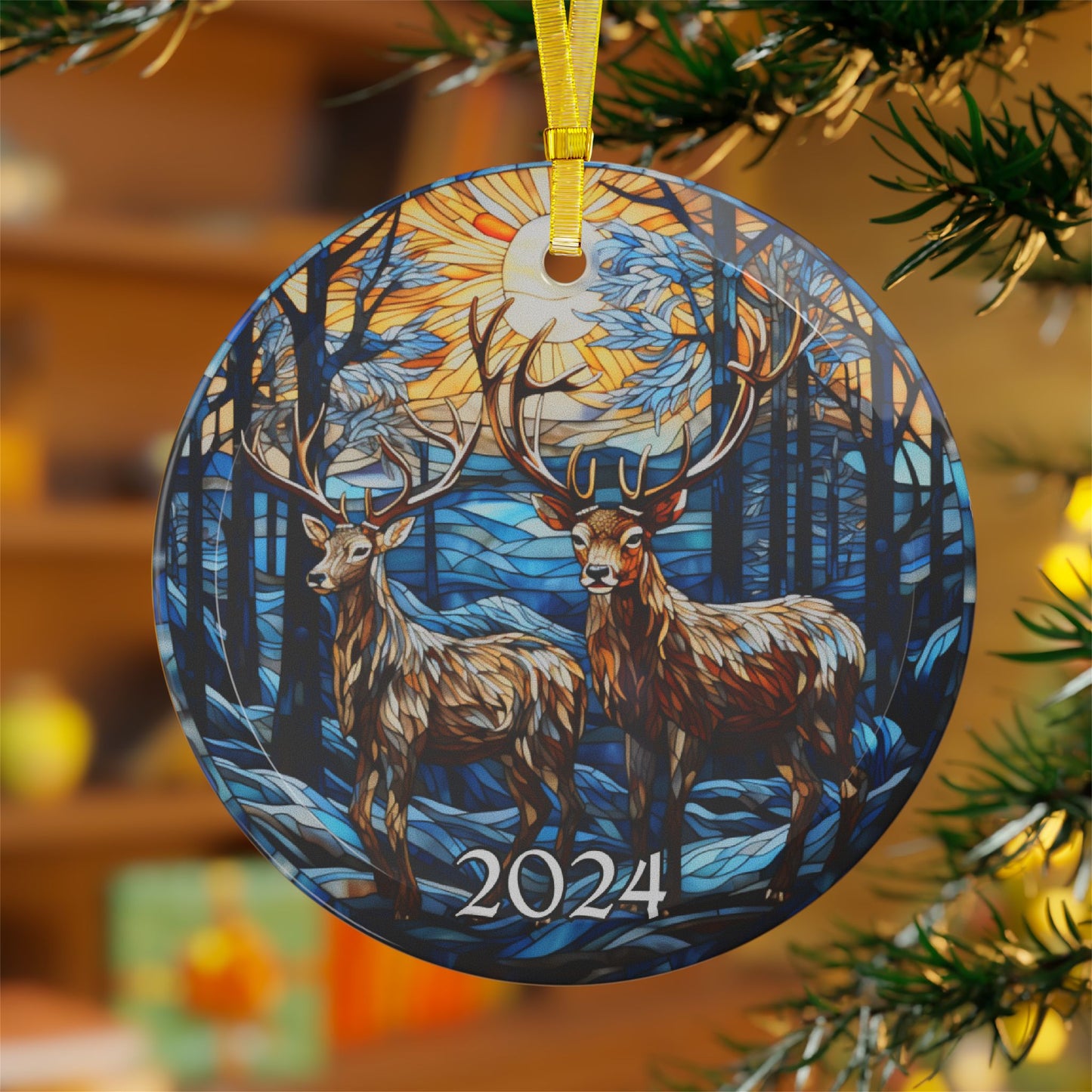 Christmas 2024 Deer Ornament Christmas Glass Decoration Holiday Gift Idea Heirloom Keepsake Gift Exchange Xmas Tree Decor Faux Stained Glass