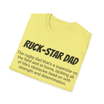 Funny Rugby Dad's Mens Softstyle T-shirt, "Ruck-star Dad", Father's Day Gift, Humorous Unique Novelty Apparel Tee Present