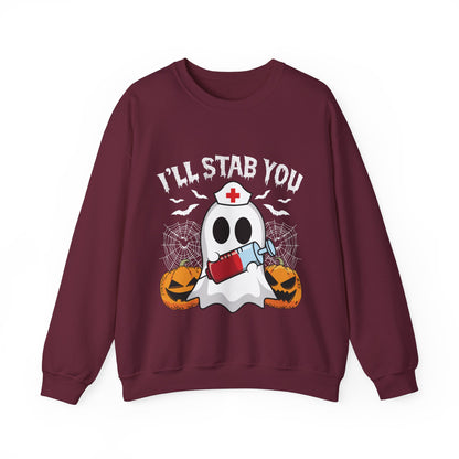 Funny Nurse Ghost Sweatshirt I’ll Stab You Halloween Sweater Ghost Nurse Halloween Spooky Season Pullover Sweater Boo Nursing Student Gift