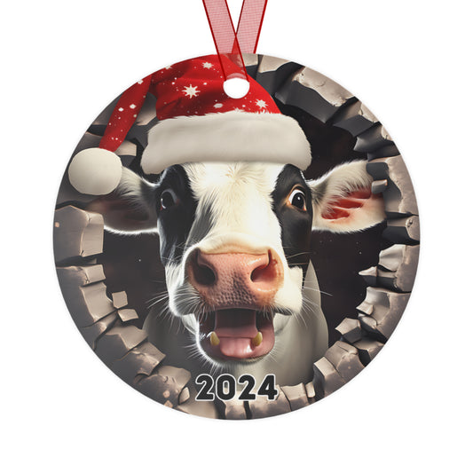 3D Breakthrough Funny Cow Ornament 2024 Christmas Decoration Round Ceramic Holiday 2024 Gift Idea Farm Animal Exchange Gift White Elephant