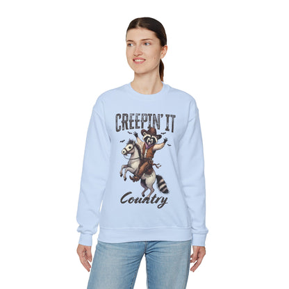 Raccoon Cowboy Halloween Creepin' It Country Funny Meme Sweatshirt Rodeo Raccoon Cowboy Pullover Sweater Western Rodeo Halloween Spooky Gift