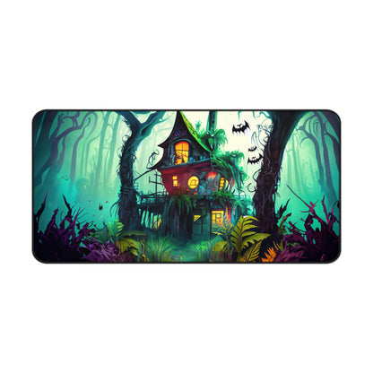 Retro Halloween Desk Mat Haunted House Office Desk Accessory Whimsigoth Large Mouse Pad Spooky Bats Desk Pad XL Neon Forest Gaming Mousepad