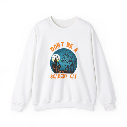 Don't Be A Scaredy Cat Sweatshirt Funny Halloween Sweater Retro Halloween Spooky Season Apparel Cute Halloween Crewneck Witch Sweater Gift