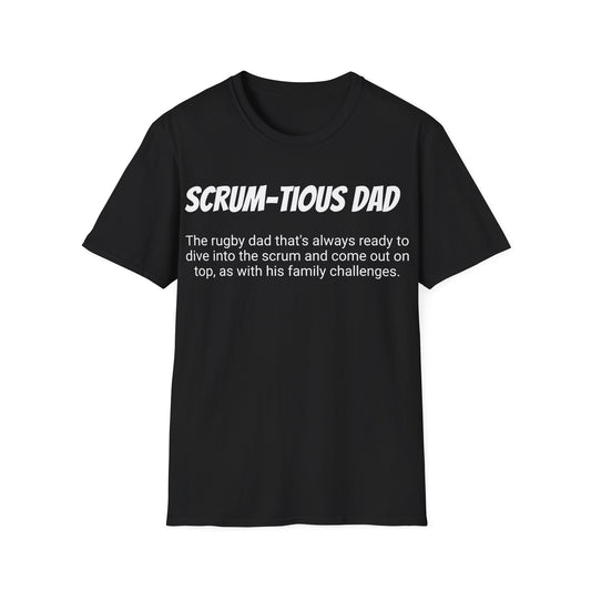 Funny Rugby Dad's Mens Softstyle T-shirt, "Scrum-tious Dad", Father's Day Gift, Humorous Unique Novelty Apparel Tee Present