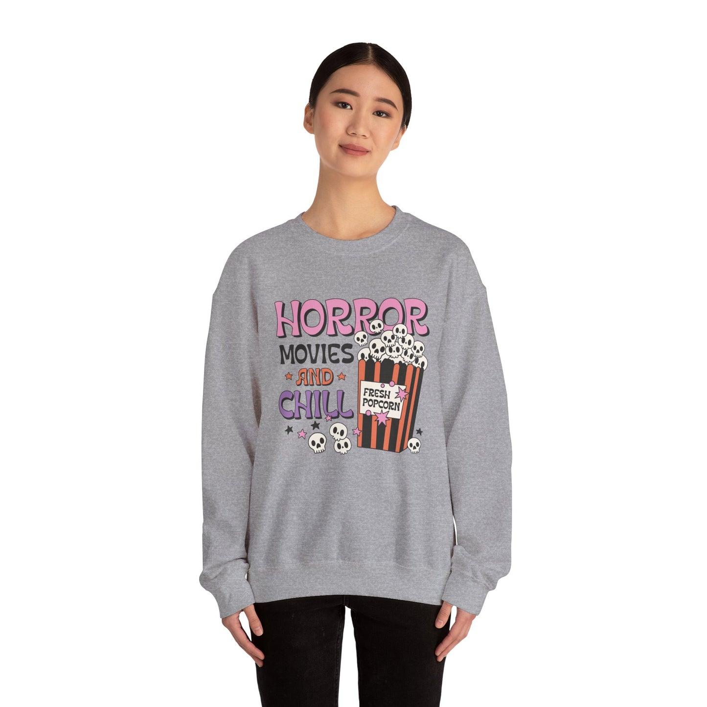 Horror Movies and Chill Sweatshirt Whimsigoth Halloween Sweater Horror Lover Sweatshirt Spooky Popcorn Cute Halloween Scary Movie Fan Gift