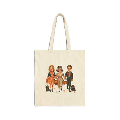 Vintage Halloween Kids Trick Or Treat Bag Cute Kids and Puppies Sweet Bag Retro 1950s Kids Halloween Tote Bag Old 50s Vintage Era Canvas Bag